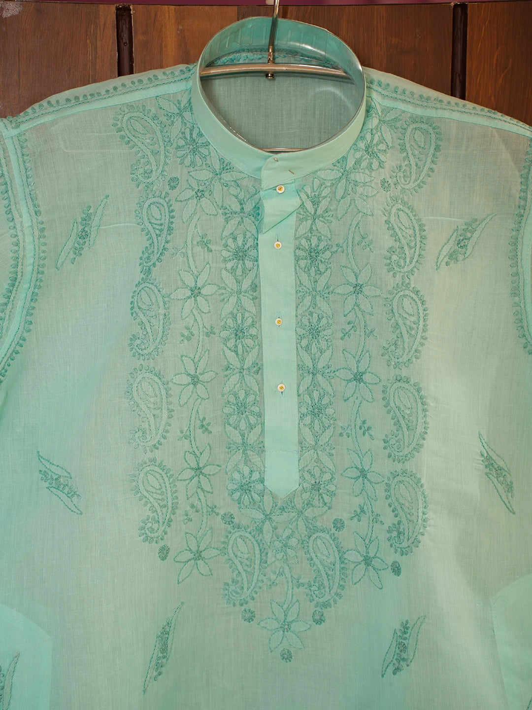 Ada Hand Embroidered Sea Green Cotton Lucknowi Chikankari Men's Kurta 01A675928