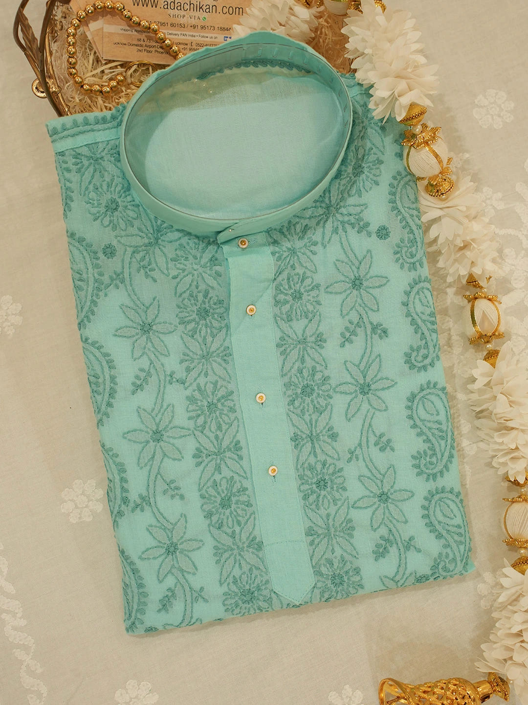 Ada Hand Embroidered Sea Green Cotton Lucknowi Chikankari Men's Kurta 01A675928