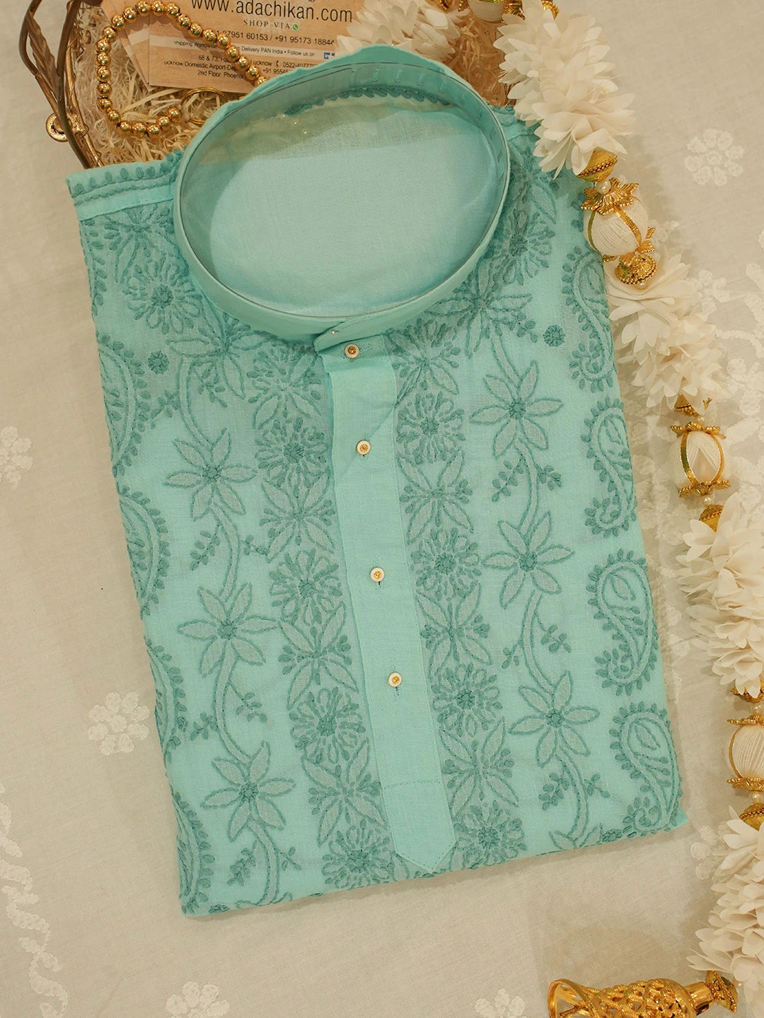 Ada Hand Embroidered Sea Green Cotton Lucknowi Chikankari Men's Kurta 01A675928