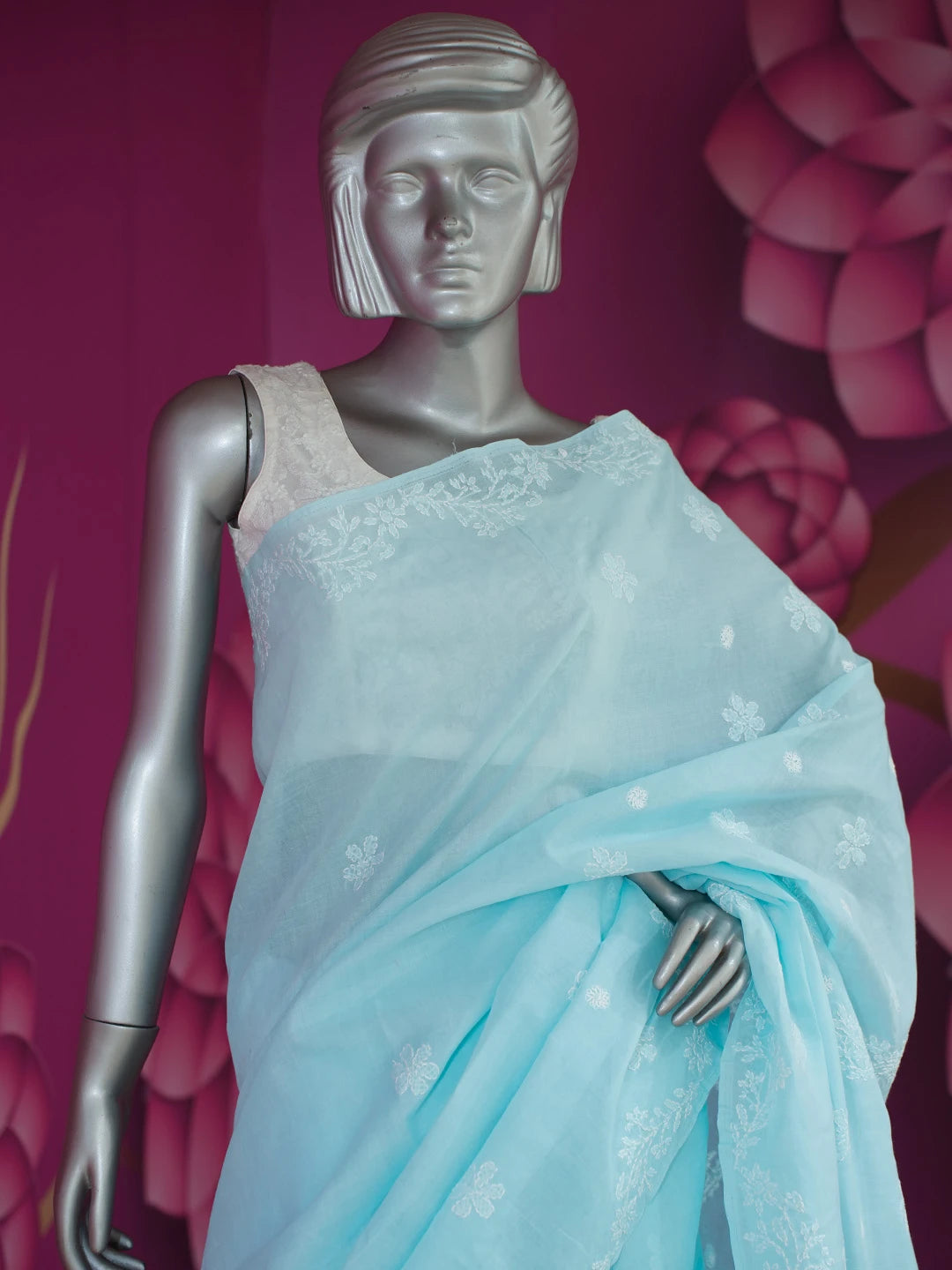 Ada Hand Embroidered Sky Blue Cotton Lucknowi Chikankari Saree With Blouse 01A675178