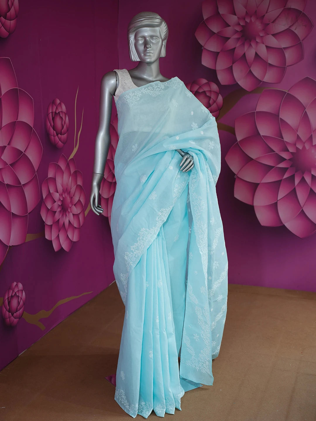 Ada Hand Embroidered Sky Blue Cotton Lucknowi Chikankari Saree With Blouse 01A675178