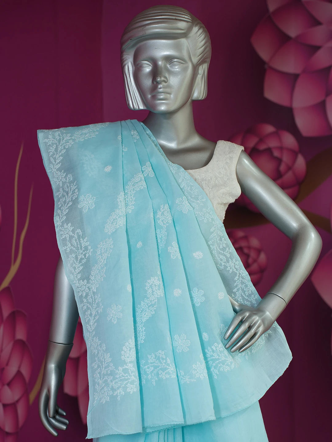 Ada Hand Embroidered Sky Blue Cotton Lucknowi Chikankari Saree With Blouse 01A675178