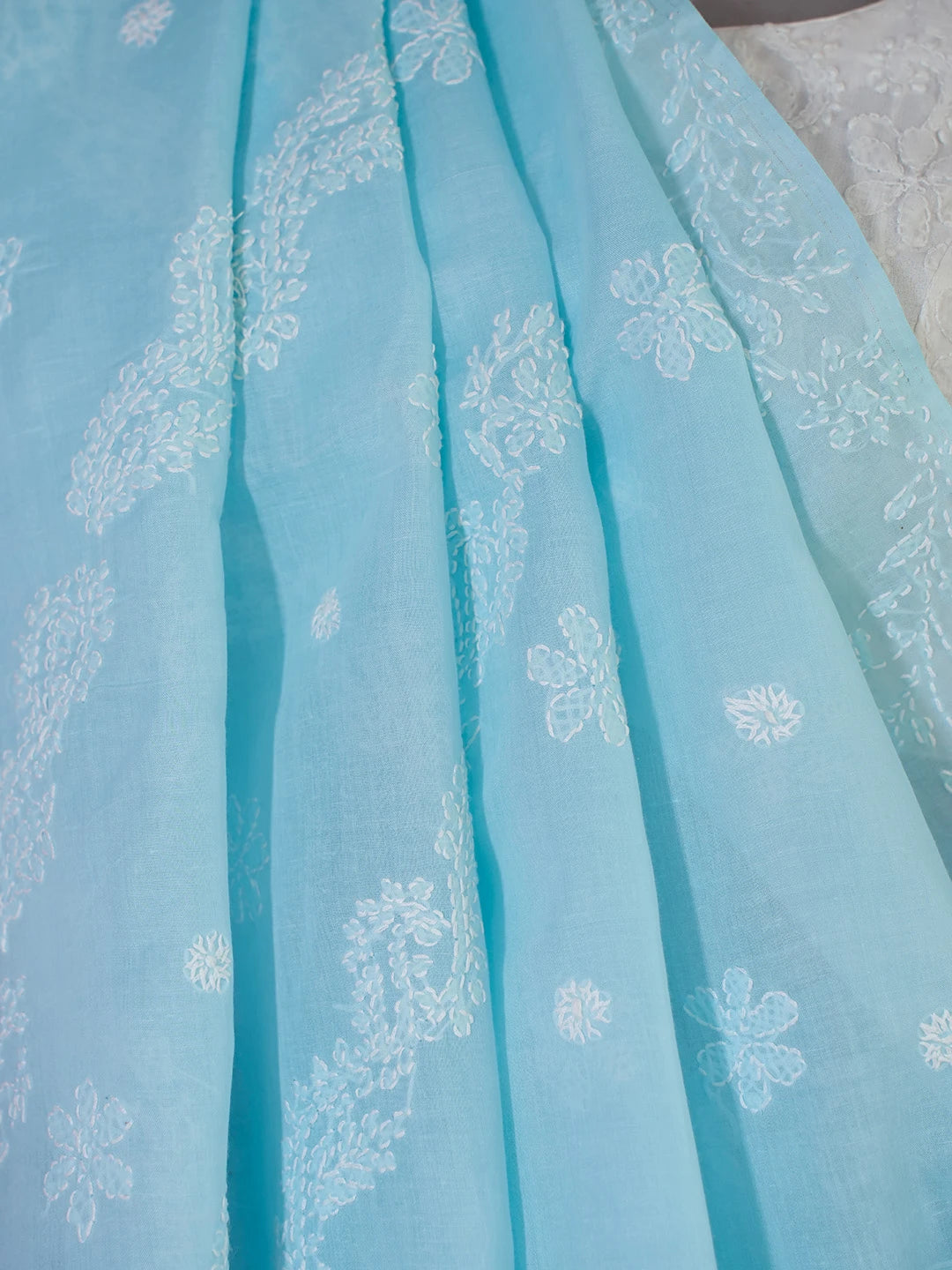 Ada Hand Embroidered Sky Blue Cotton Lucknowi Chikankari Saree With Blouse 01A675178