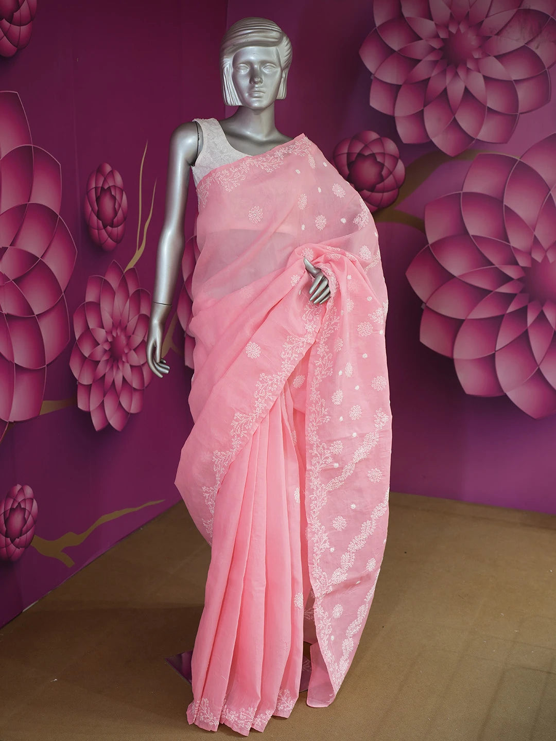 Ada Hand Embroidered Pink Cotton Lucknowi Chikankari Saree and Blouse 01A675141