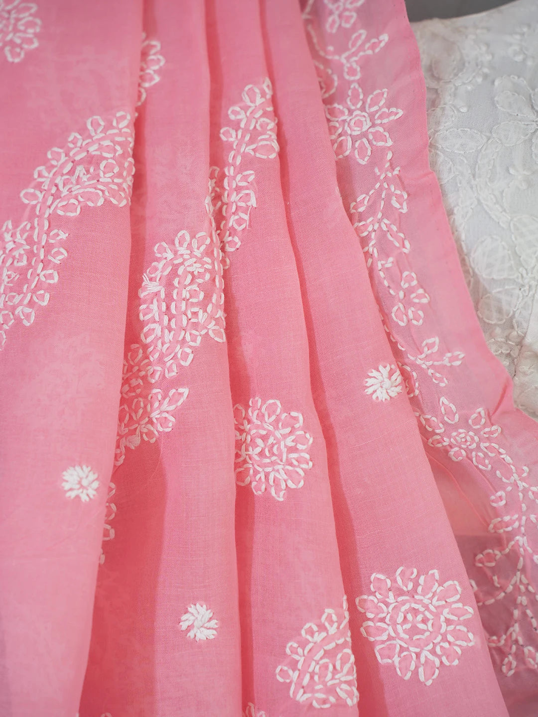 Ada Hand Embroidered Pink Cotton Lucknowi Chikankari Saree and Blouse 01A675141
