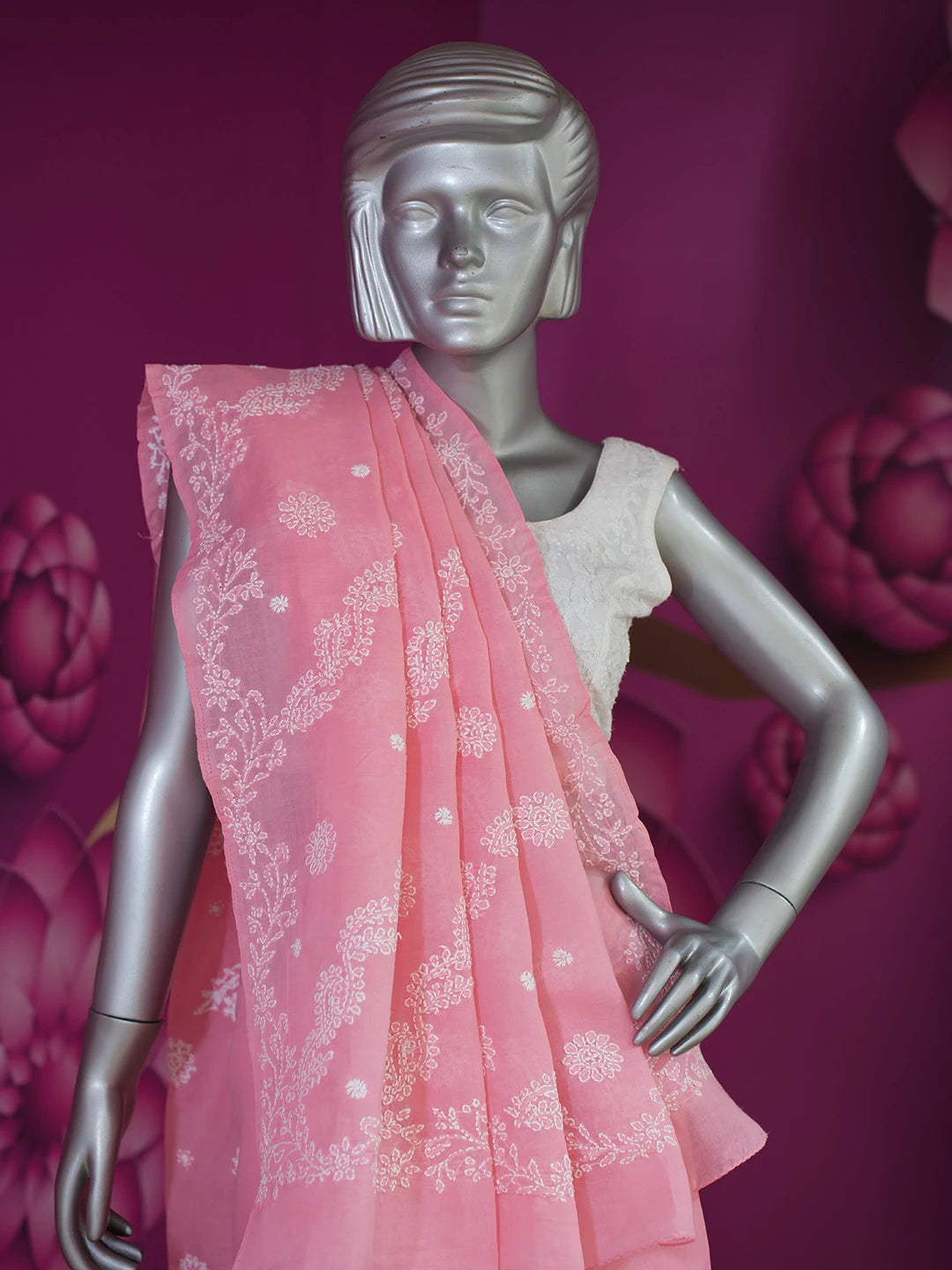 Ada Hand Embroidered Pink Cotton Lucknowi Chikankari Saree and Blouse 01A675141