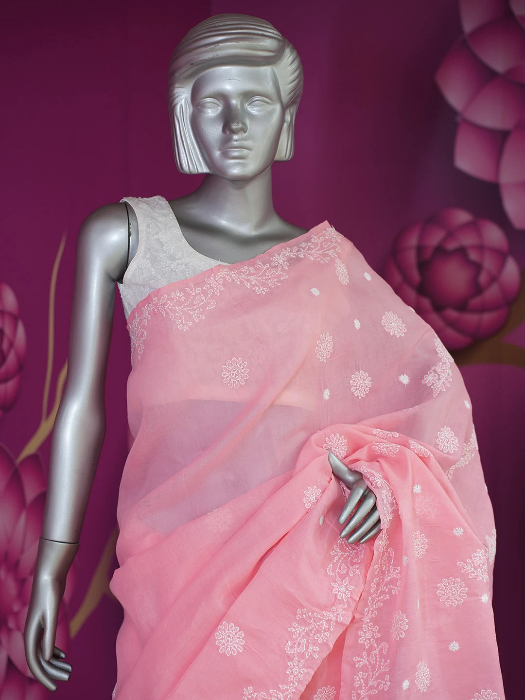 Ada Hand Embroidered Pink Cotton Lucknowi Chikankari Saree and Blouse 01A675141