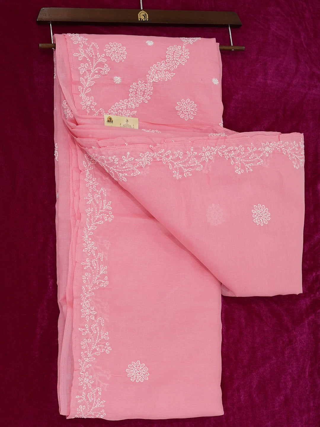 Ada Hand Embroidered Pink Cotton Lucknowi Chikankari Saree and Blouse 01A675141