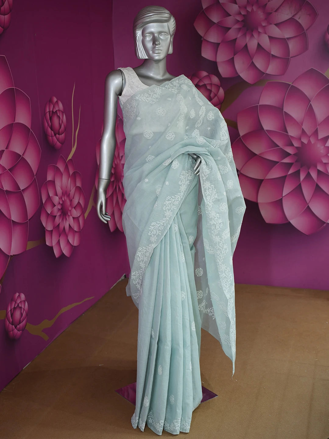Ada Hand Embroidered Grey Cotton Lucknowi Chikankari Saree With Blouse 01A675167