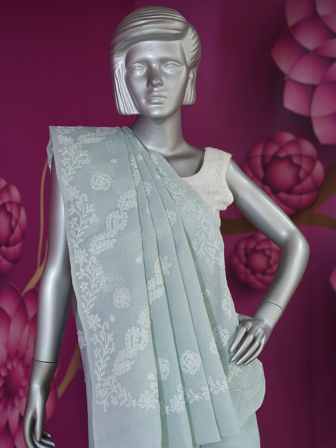 Ada Hand Embroidered Grey Cotton Lucknowi Chikankari Saree With Blouse 01A675167