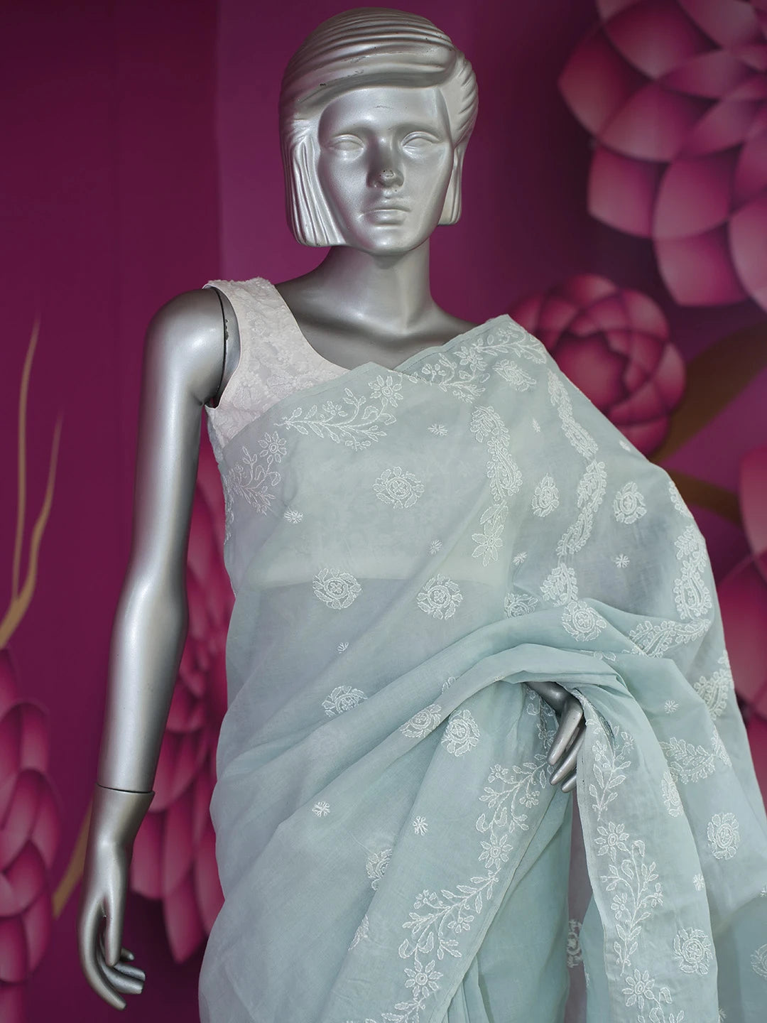 Ada Hand Embroidered Grey Cotton Lucknowi Chikankari Saree With Blouse 01A675167