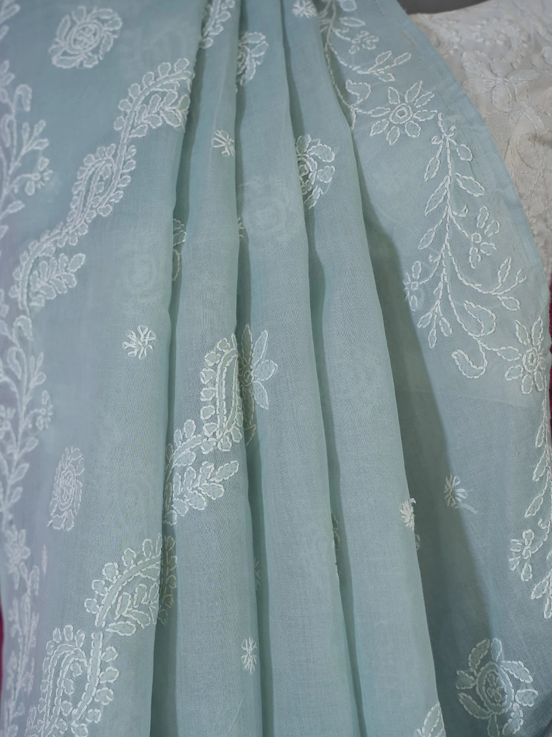 Ada Hand Embroidered Grey Cotton Lucknowi Chikankari Saree With Blouse 01A675167