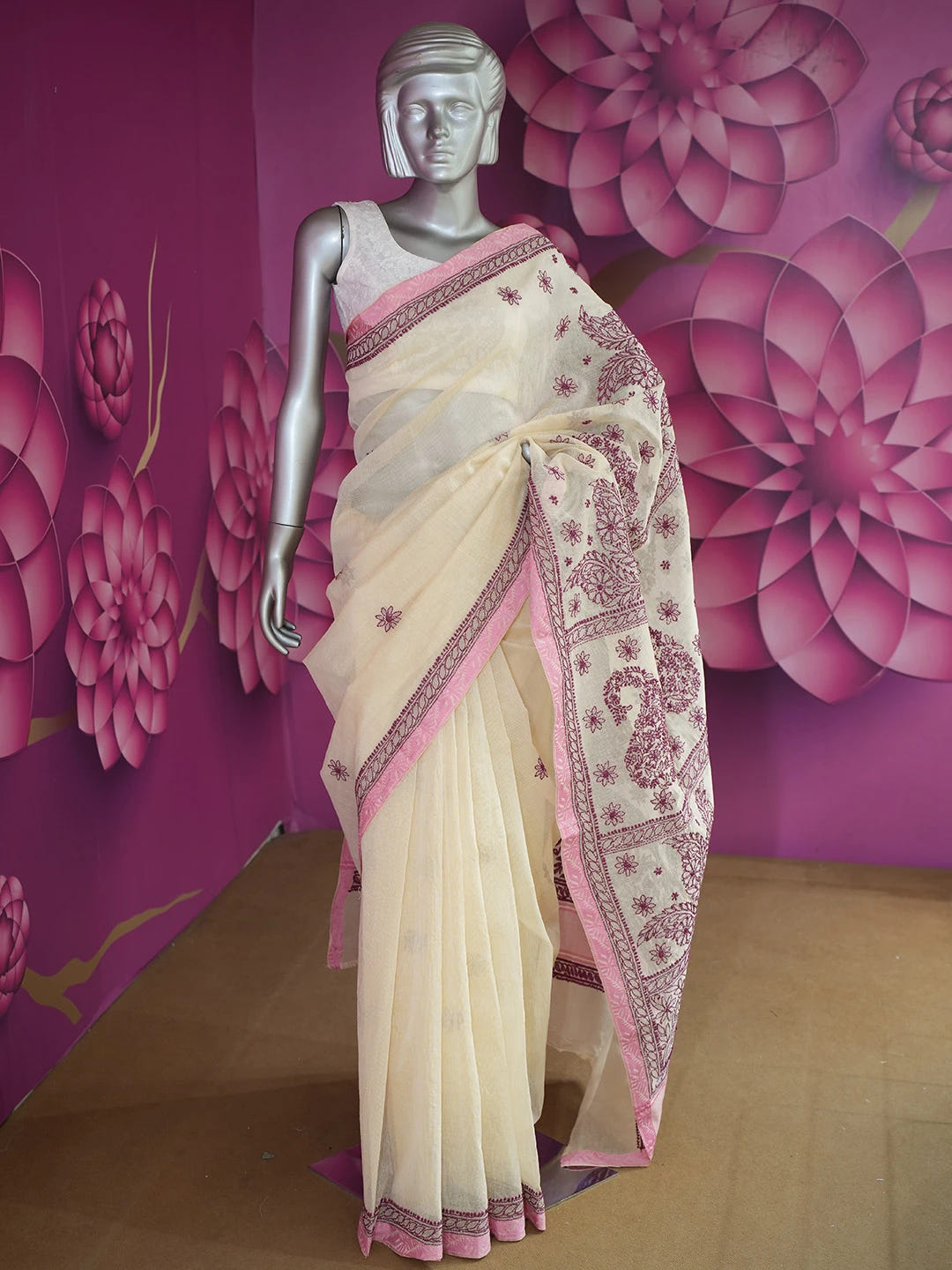 Ada Hand Embroidered Fawn Super Net Lucknowi Chikankari Saree With Blouse 01A675026