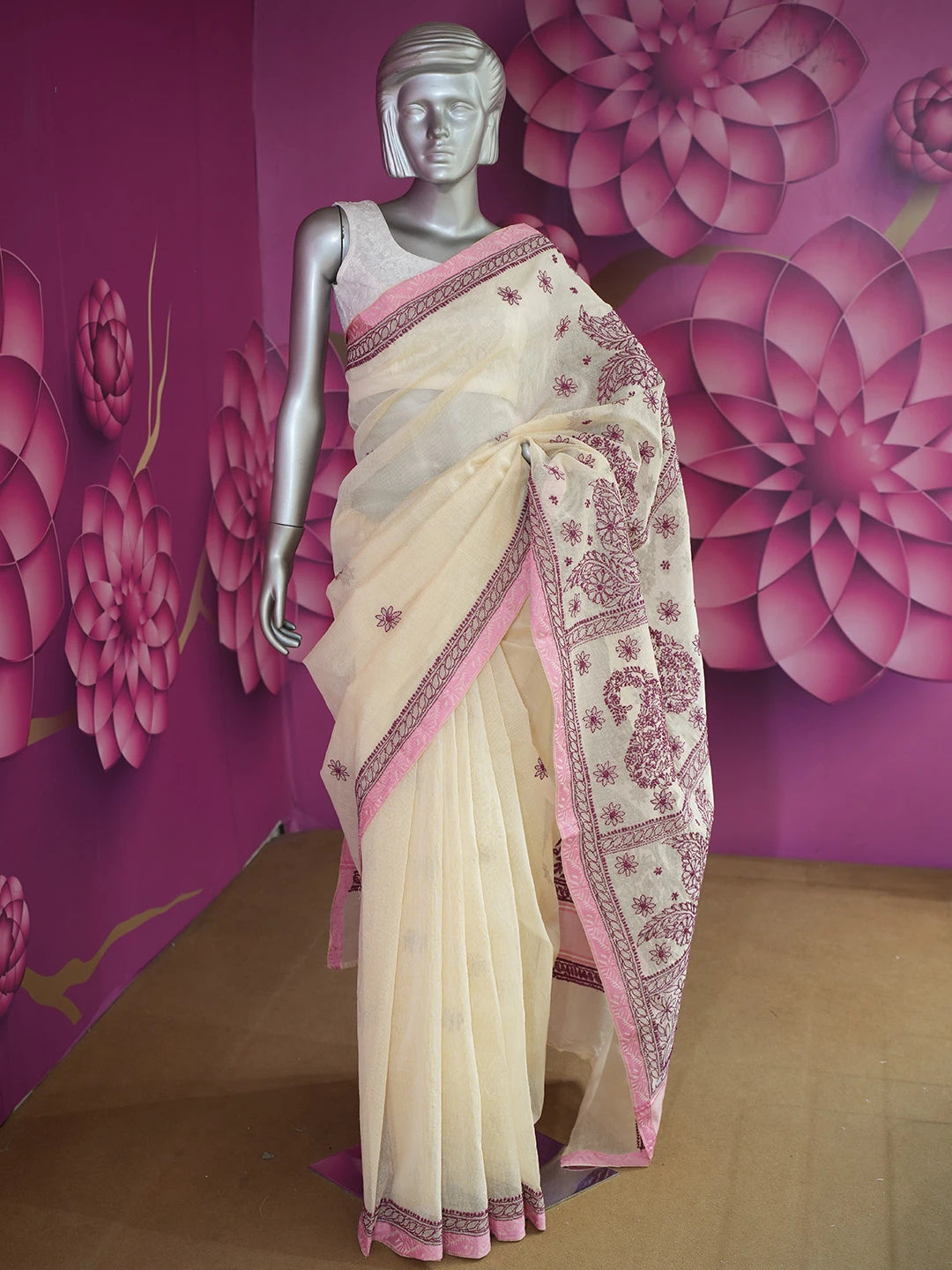 Ada Hand Embroidered Fawn Super Net Lucknowi Chikankari Saree With Blouse 01A675026