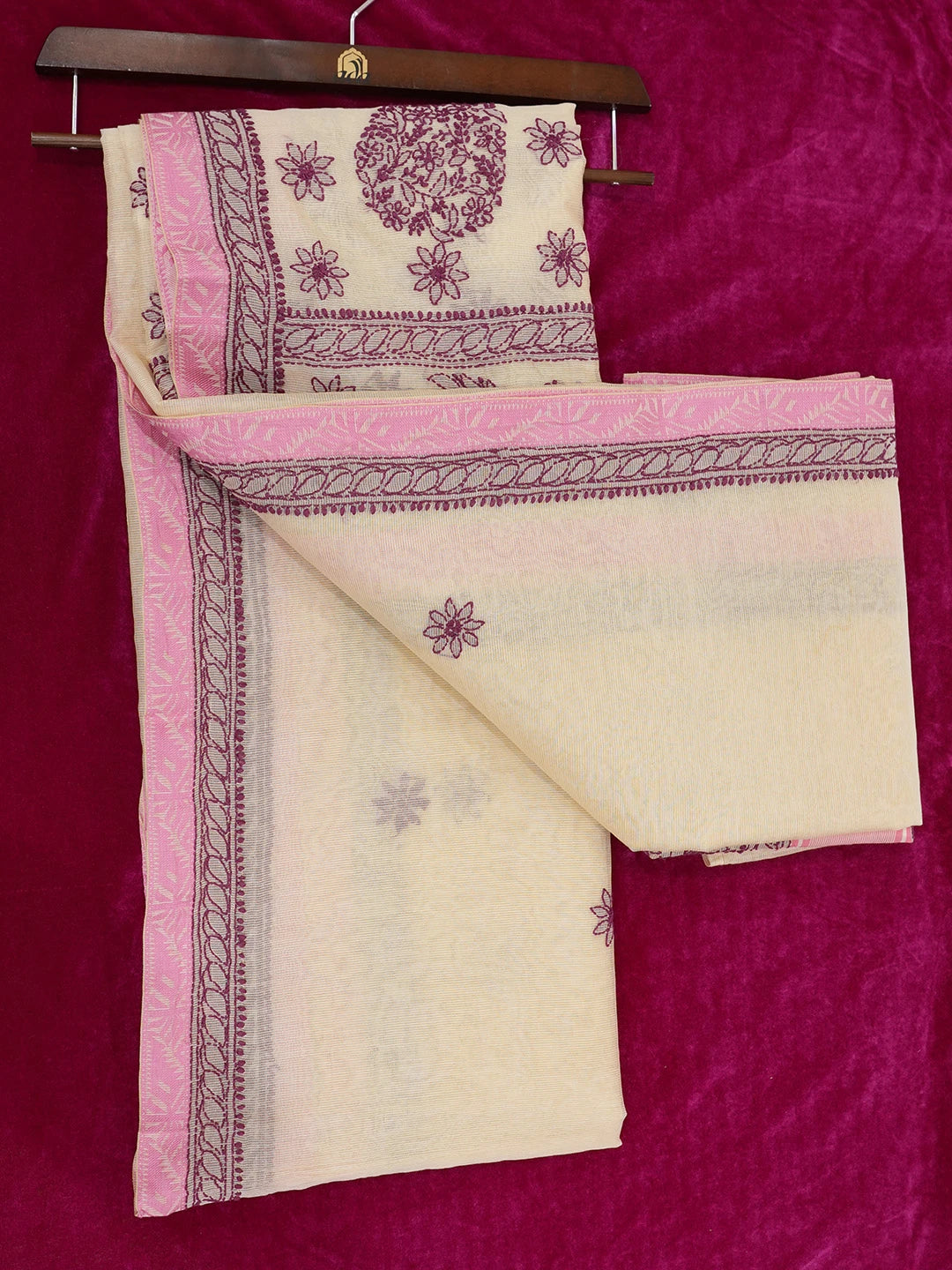 Ada Hand Embroidered Fawn Super Net Lucknowi Chikankari Saree With Blouse 01A675026