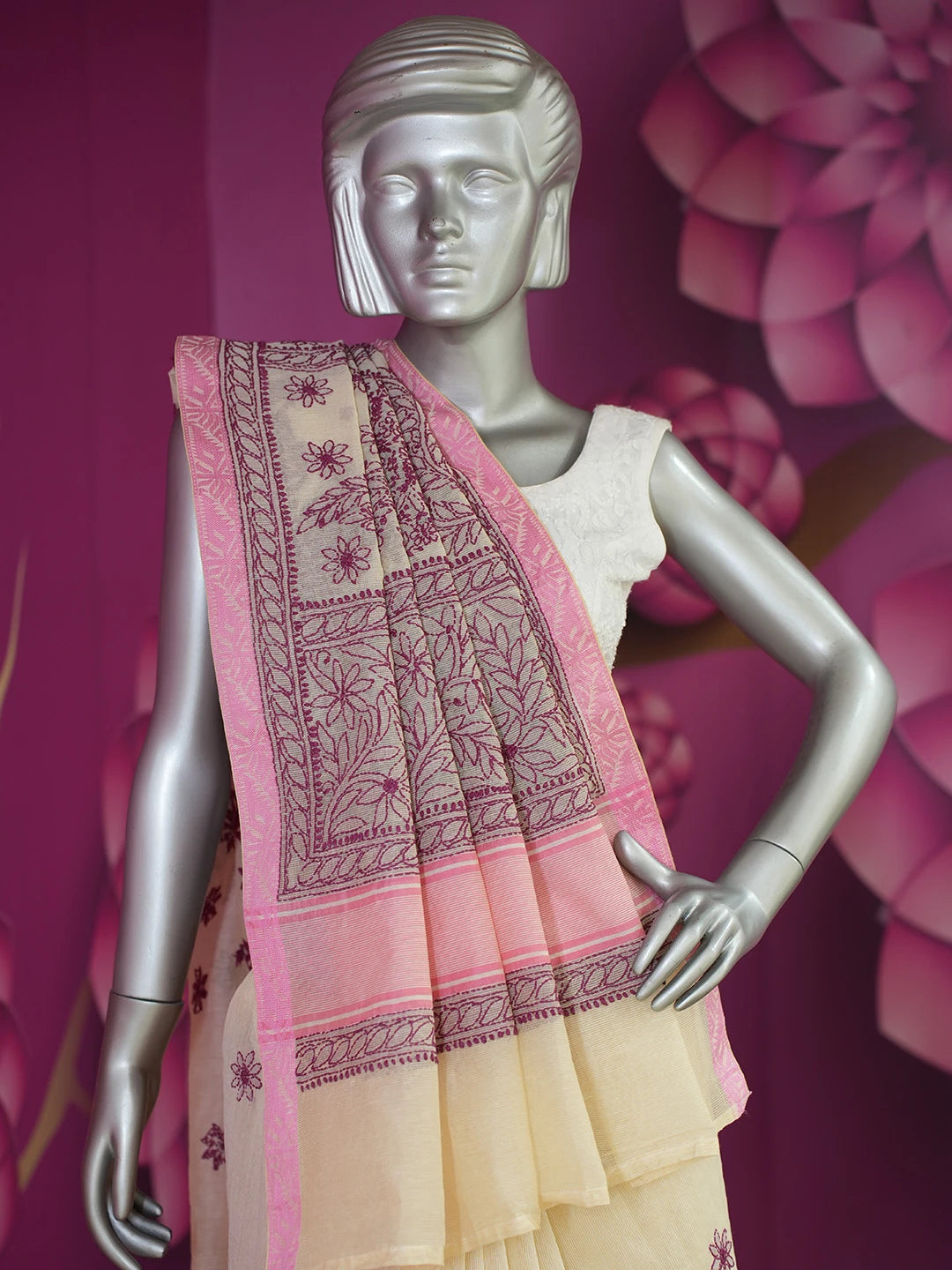 Ada Hand Embroidered Fawn Super Net Lucknowi Chikankari Saree With Blouse 01A675026
