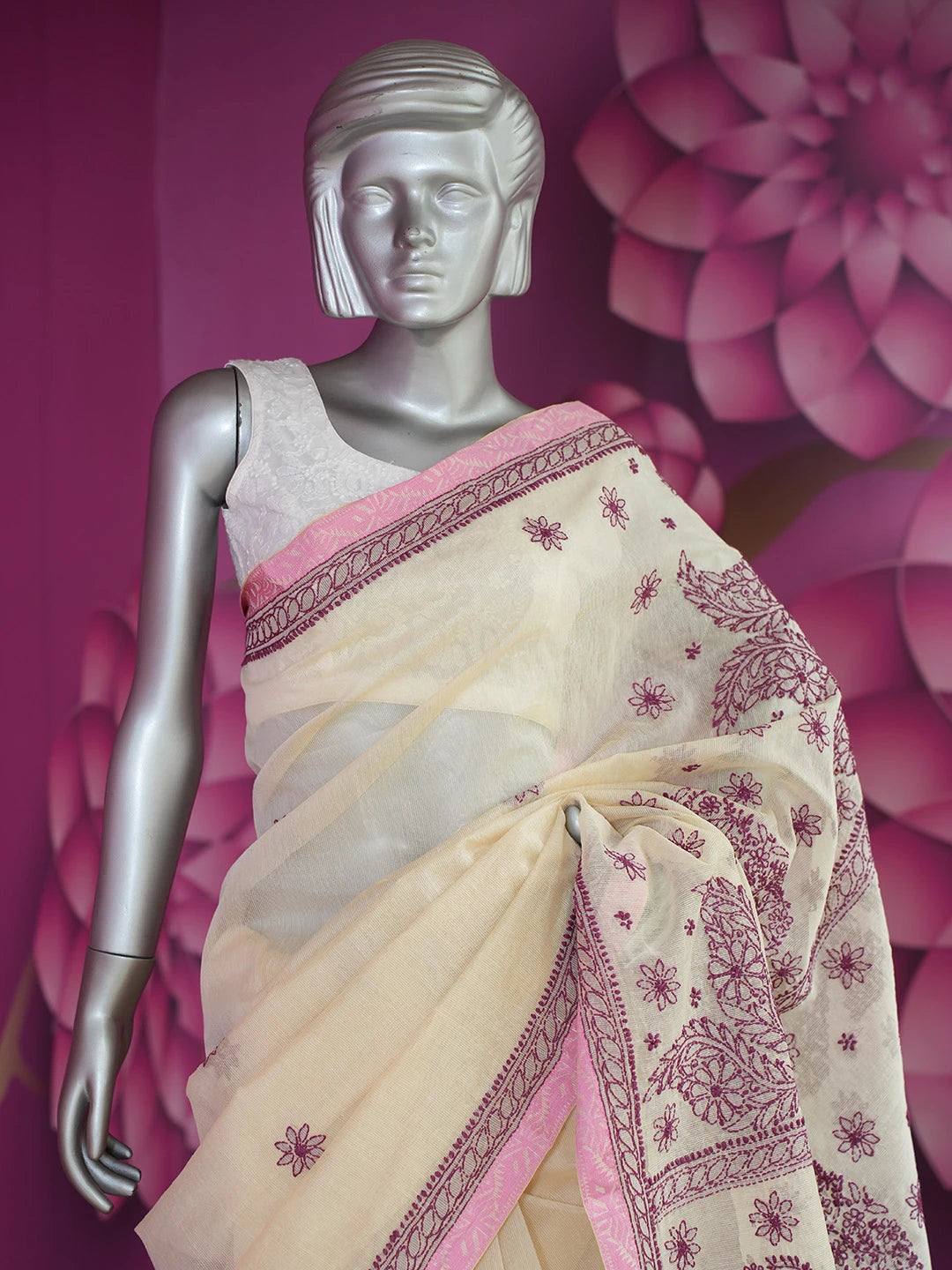 Ada Hand Embroidered Fawn Super Net Lucknowi Chikankari Saree With Blouse 01A675026