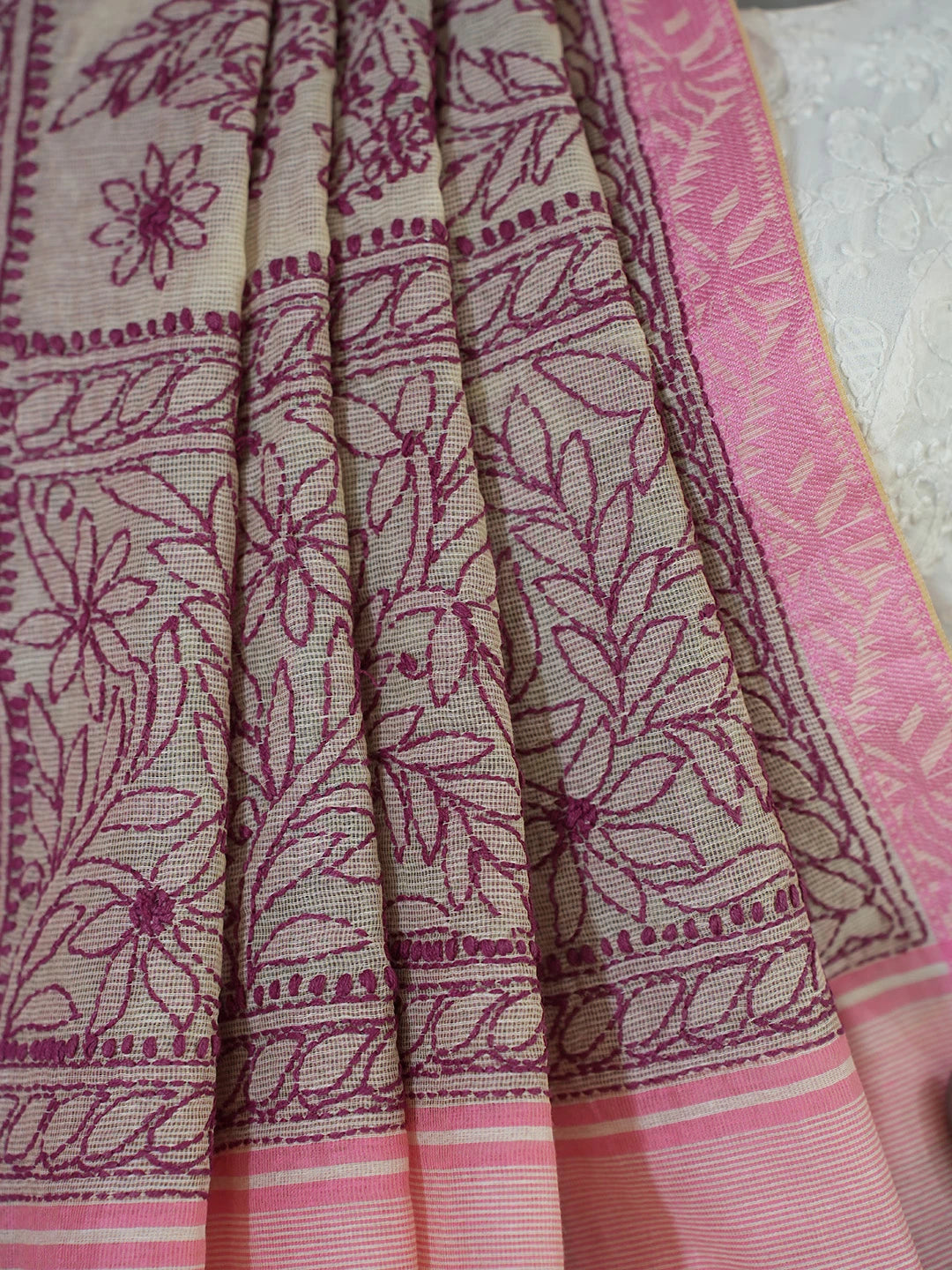 Ada Hand Embroidered Fawn Super Net Lucknowi Chikankari Saree With Blouse 01A675026