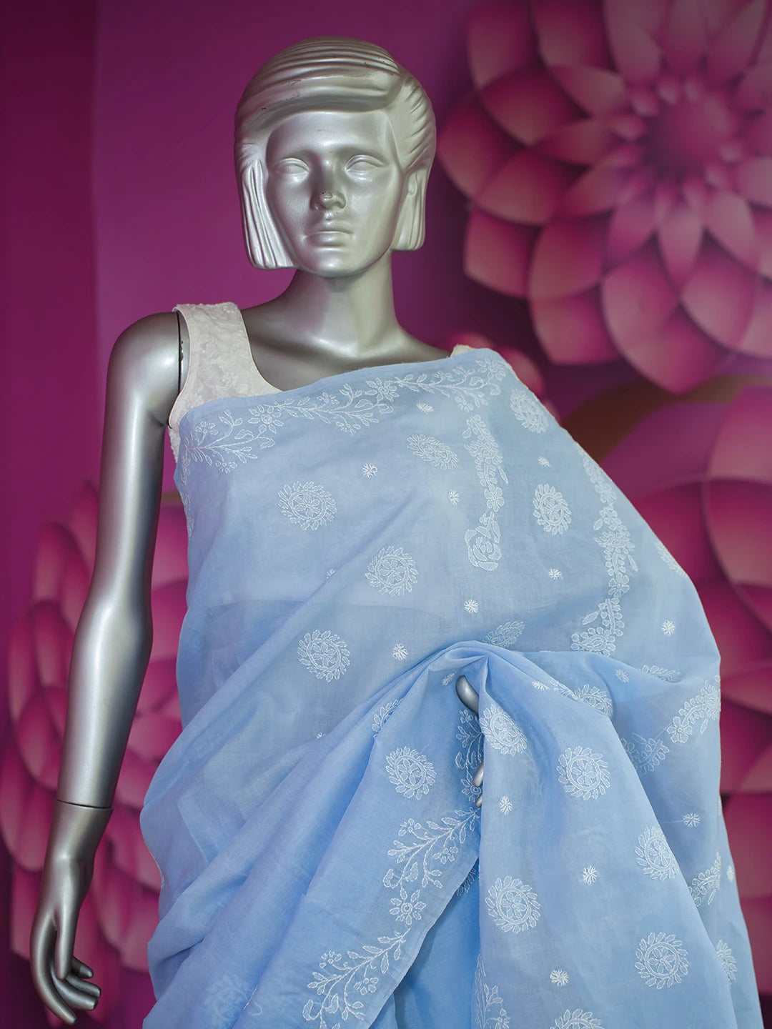 Ada Hand Embroidered Ruddy Blue Cotton Lucknowi Chikankari Saree and Blouse 01A675170
