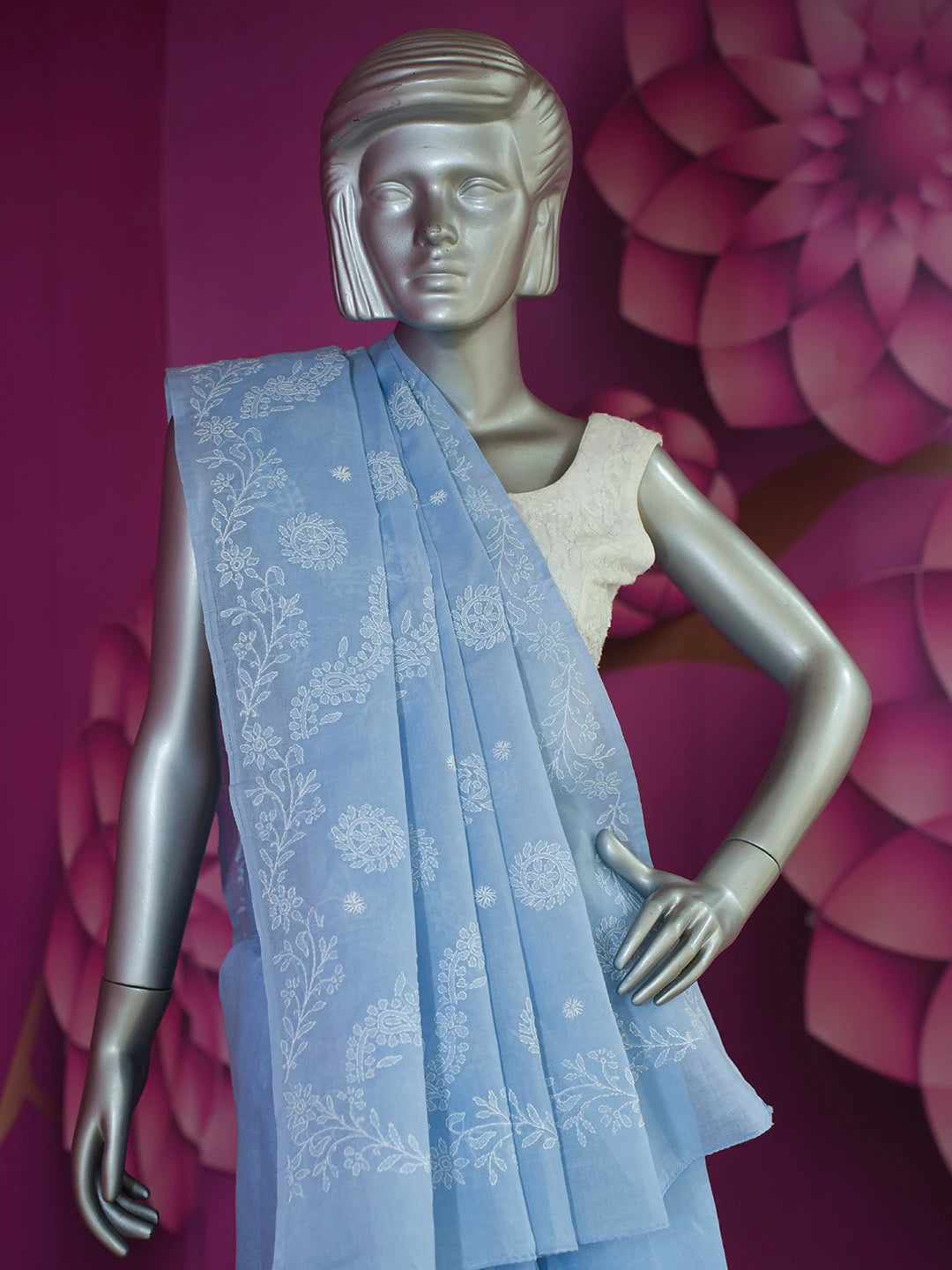 Ada Hand Embroidered Ruddy Blue Cotton Lucknowi Chikankari Saree and Blouse 01A675170