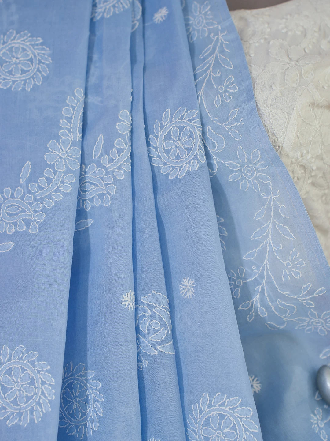 Ada Hand Embroidered Ruddy Blue Cotton Lucknowi Chikankari Saree and Blouse 01A675170