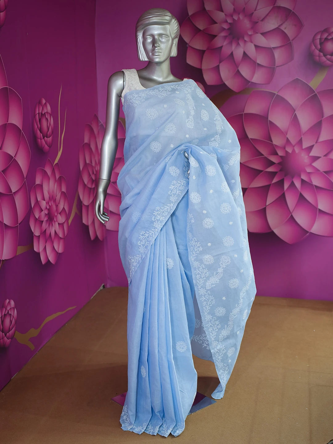 Ada Hand Embroidered Ruddy Blue Cotton Lucknowi Chikankari Saree and Blouse 01A675170