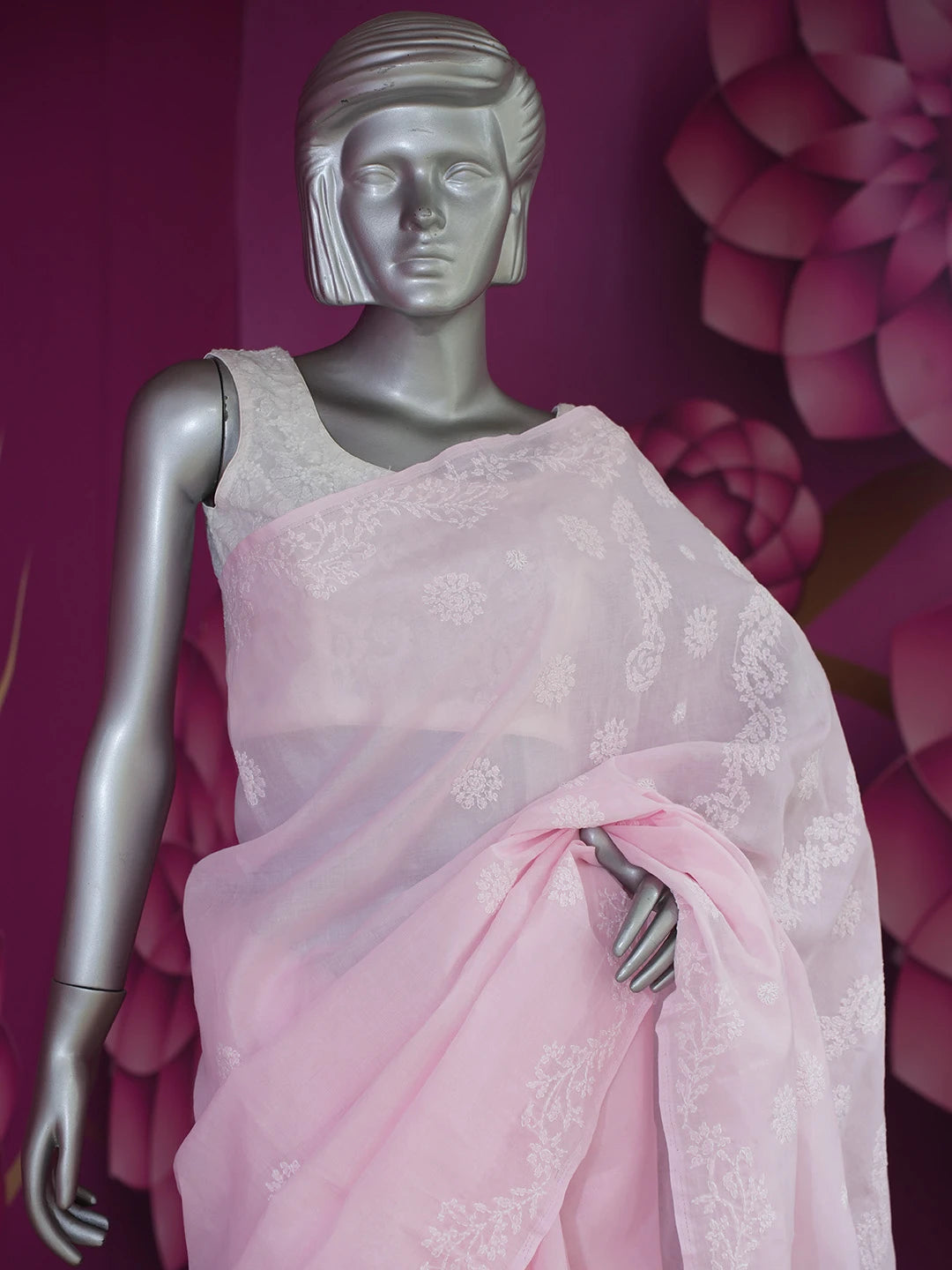 Ada Hand Embroidered Pink Cotton Lucknowi Chikankari Saree With Blouse 01A675118