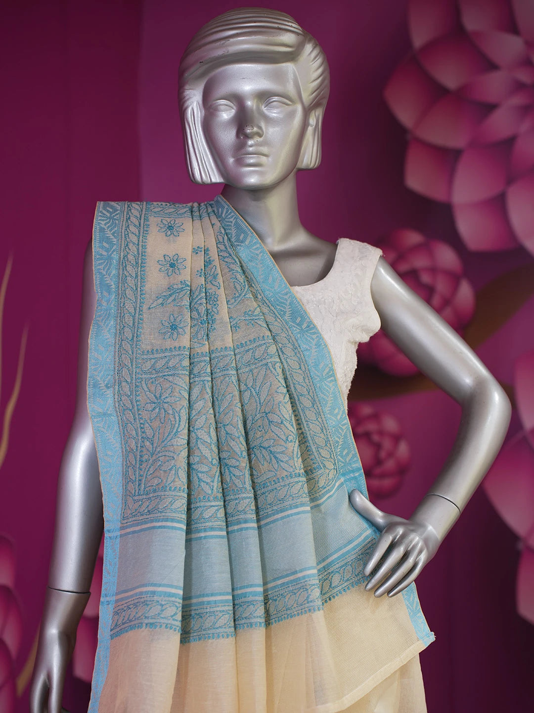 Ada Hand Embroidered Fawn Super Net Lucknowi Chikankari Saree With Blouse 01A675020