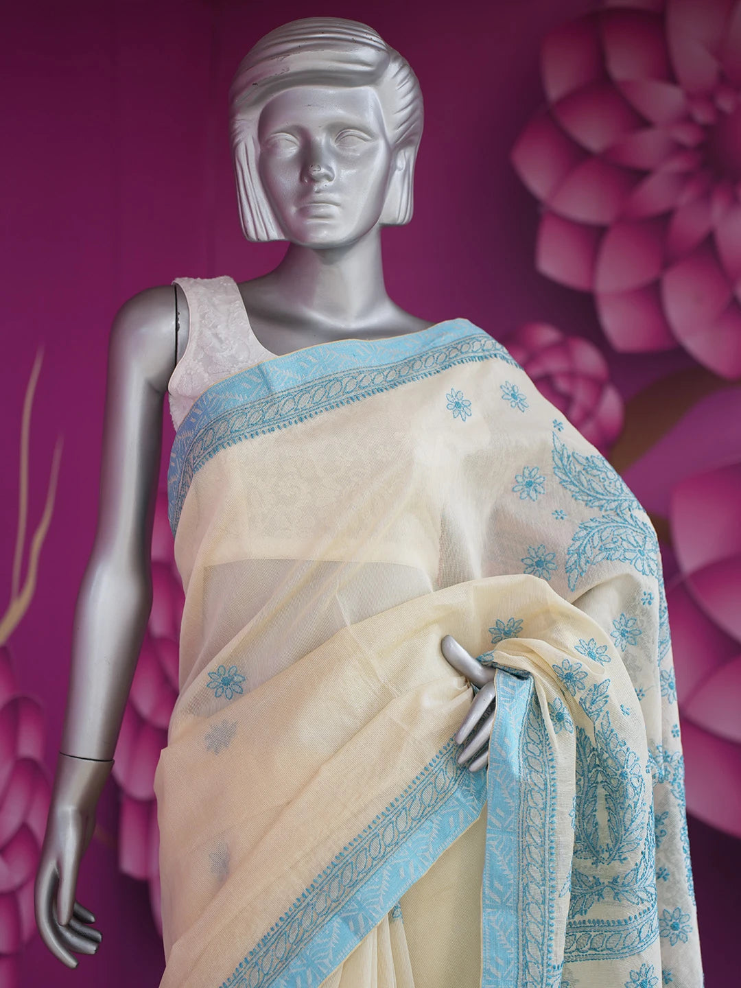 Ada Hand Embroidered Fawn Super Net Lucknowi Chikankari Saree With Blouse 01A675020