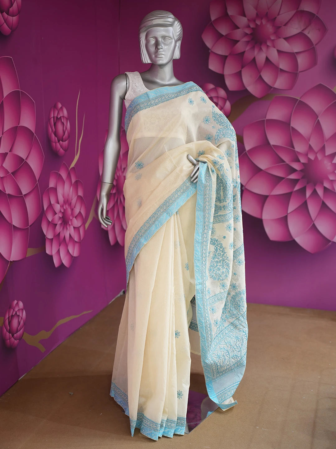 Ada Hand Embroidered Fawn Super Net Lucknowi Chikankari Saree With Blouse 01A675020