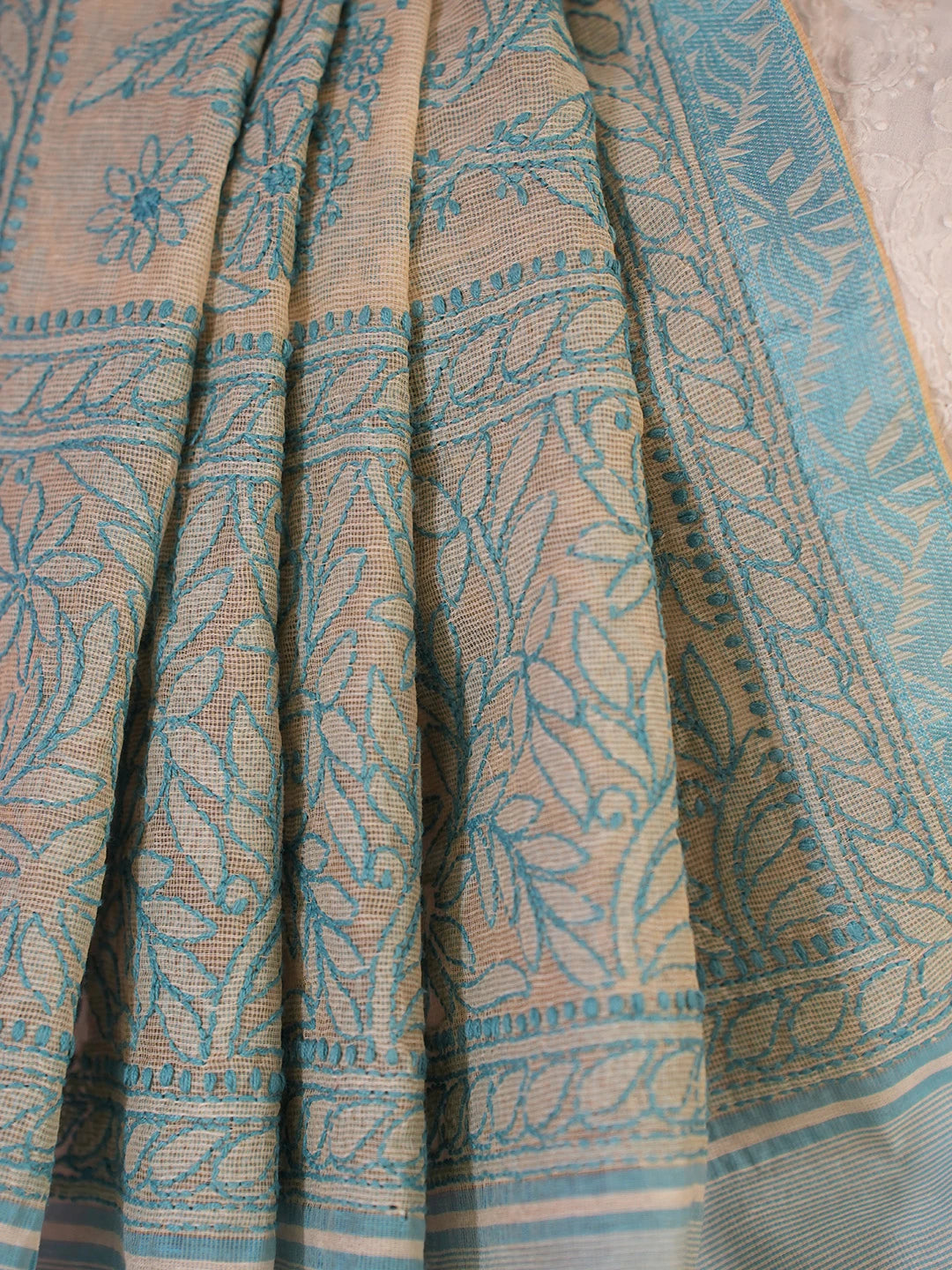Ada Hand Embroidered Fawn Super Net Lucknowi Chikankari Saree With Blouse 01A675020