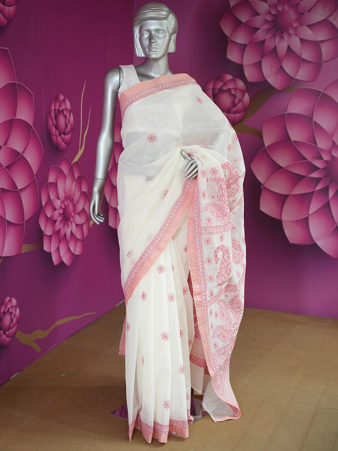 Ada Hand Embroidered Ivory White Super Net Lucknowi Chikankari Saree With Blouse 01A675055