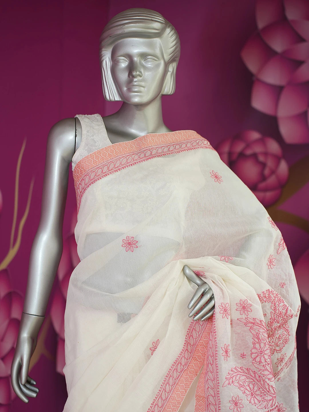Ada Hand Embroidered Ivory White Super Net Lucknowi Chikankari Saree With Blouse 01A675055