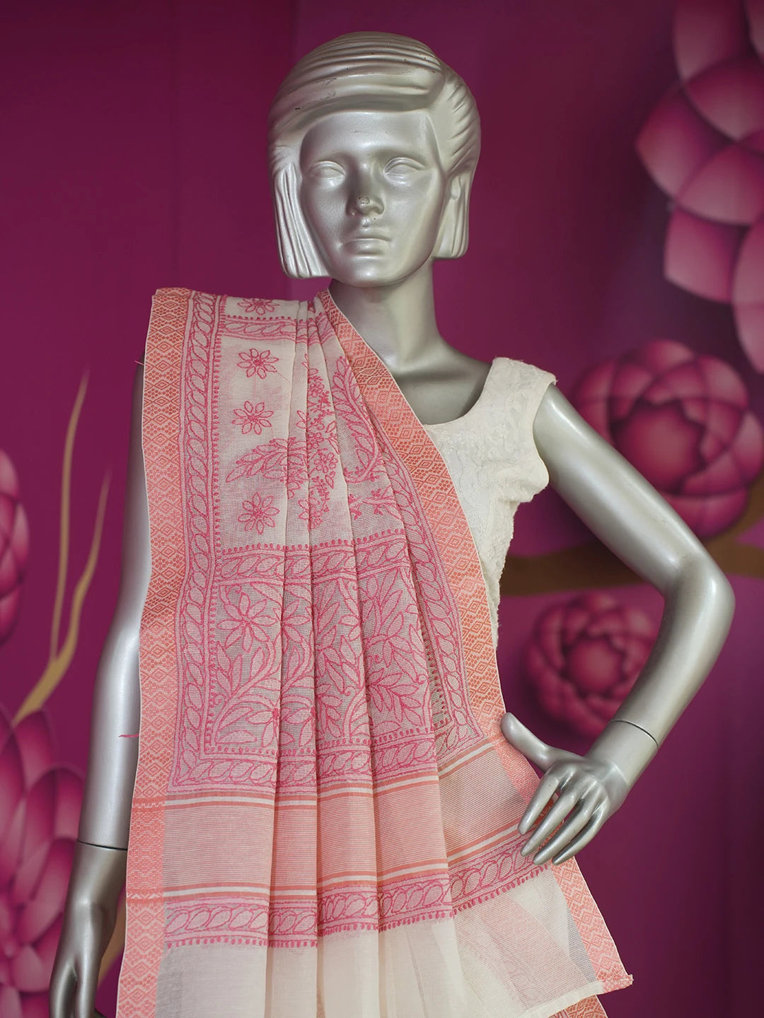 Ada Hand Embroidered Ivory White Super Net Lucknowi Chikankari Saree With Blouse 01A675055