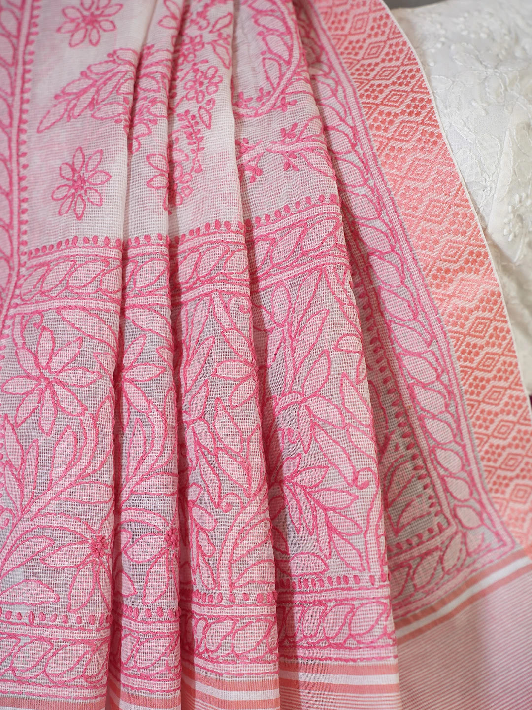 Ada Hand Embroidered Ivory White Super Net Lucknowi Chikankari Saree With Blouse 01A675055