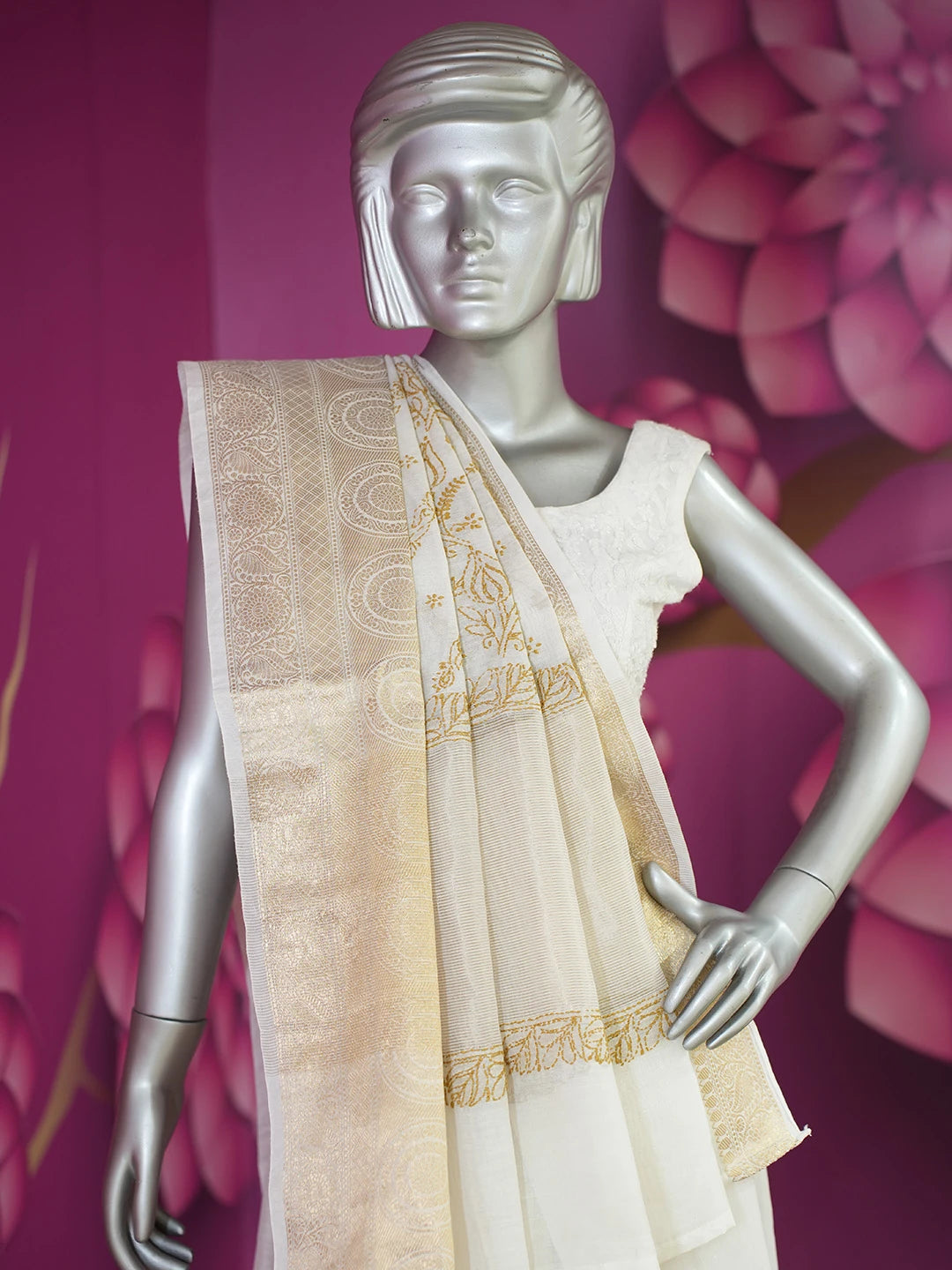 Ada Hand Embroidered Cream Chanderi Lucknowi Chikankari Saree With Blouse 01A675081