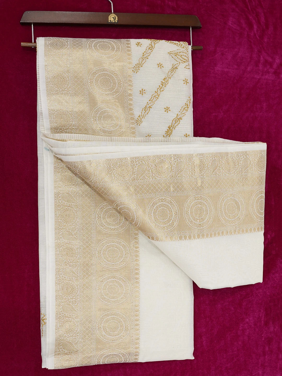 Ada Hand Embroidered Cream Chanderi Lucknowi Chikankari Saree With Blouse 01A675081