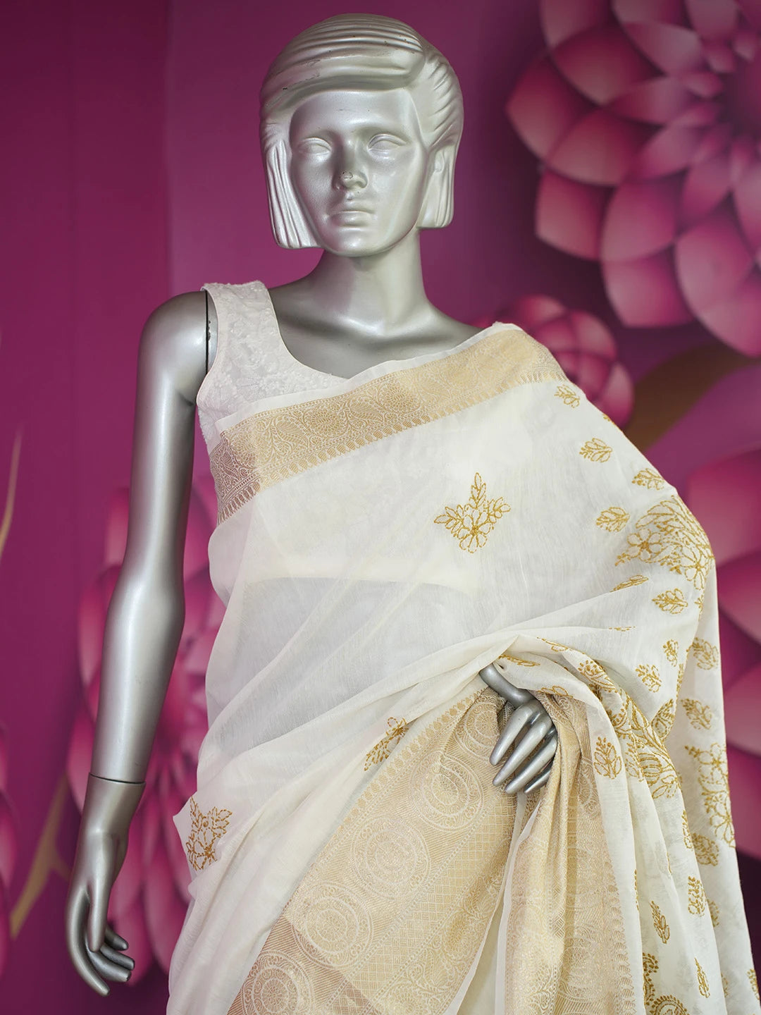 Ada Hand Embroidered Cream Chanderi Lucknowi Chikankari Saree With Blouse 01A675081