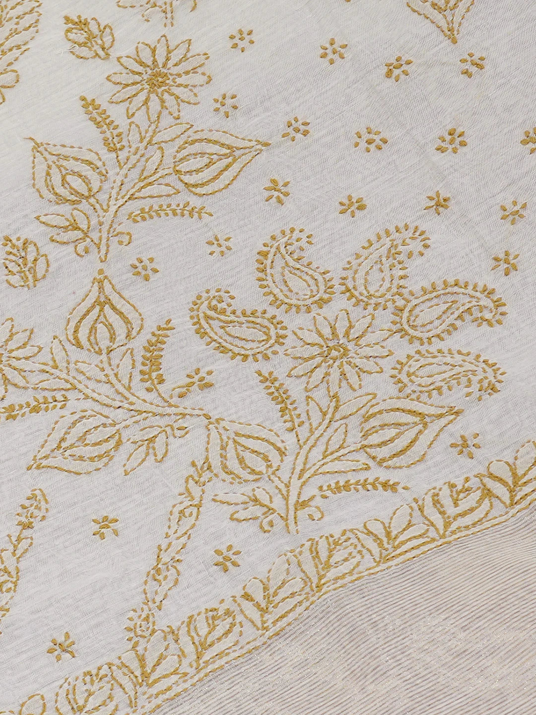 Ada Hand Embroidered Cream Chanderi Lucknowi Chikankari Saree With Blouse 01A675081