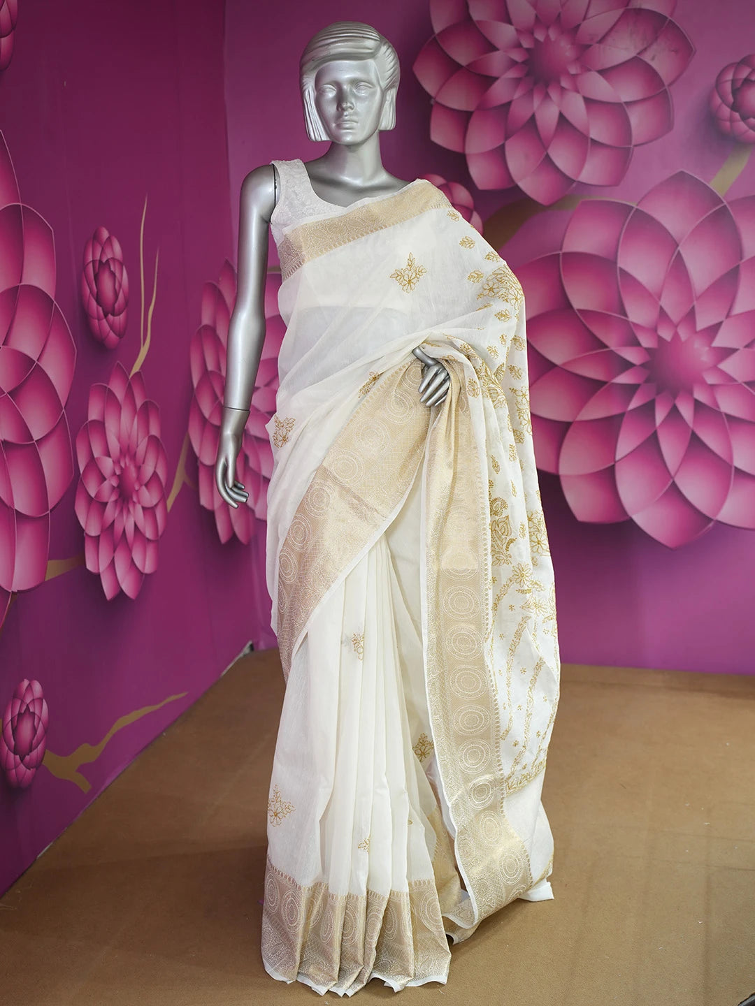 Ada Hand Embroidered Cream Chanderi Lucknowi Chikankari Saree With Blouse 01A675081