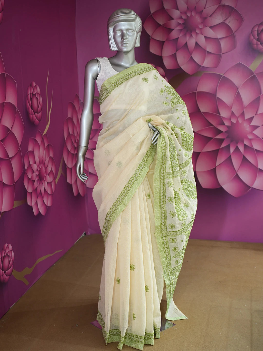 Ada Hand Embroidered Fawn Super Net Lucknowi Chikankari Saree With Blouse 01A675022