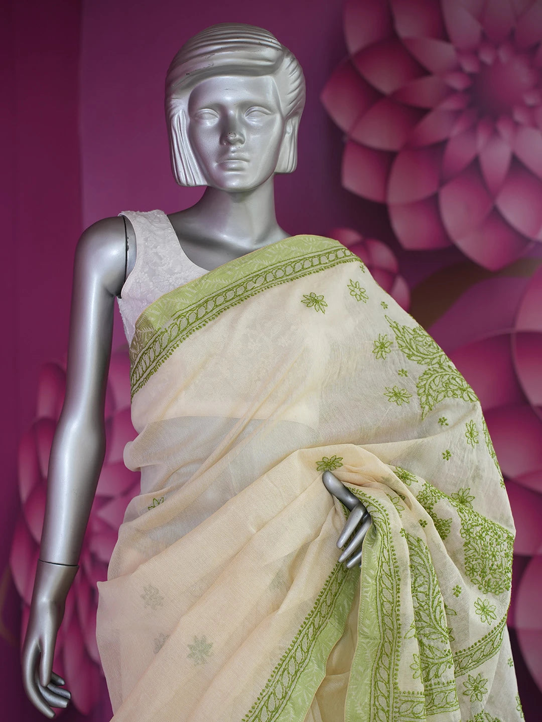 Ada Hand Embroidered Fawn Super Net Lucknowi Chikankari Saree With Blouse 01A675022