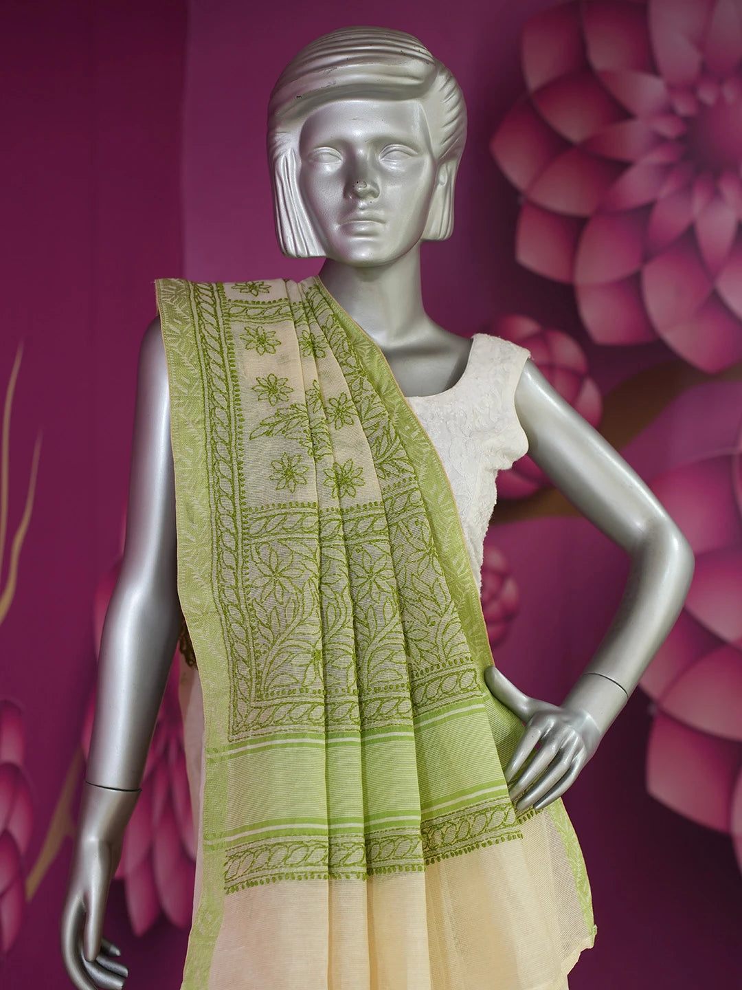 Ada Hand Embroidered Fawn Super Net Lucknowi Chikankari Saree With Blouse 01A675022