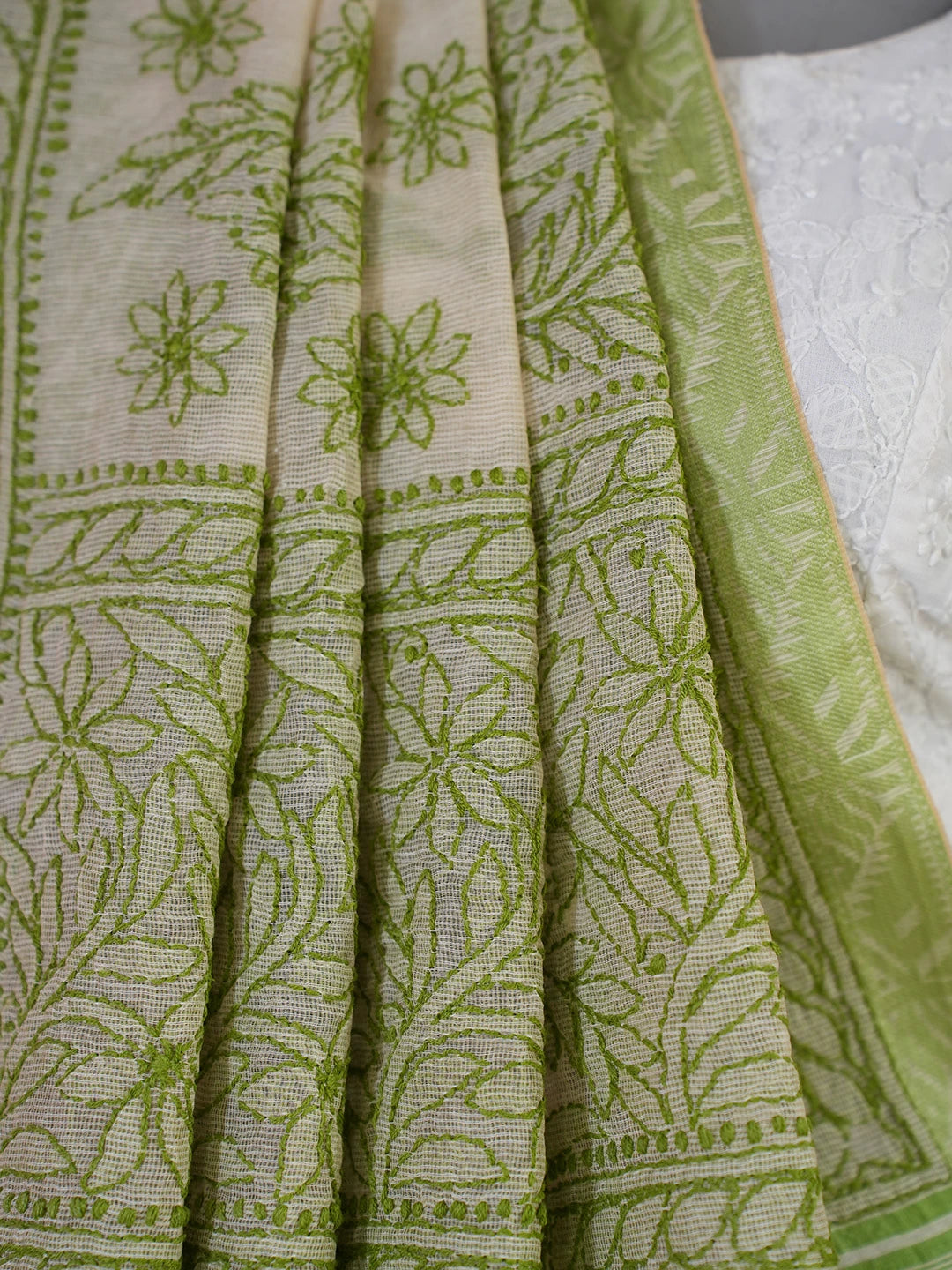 Ada Hand Embroidered Fawn Super Net Lucknowi Chikankari Saree With Blouse 01A675022