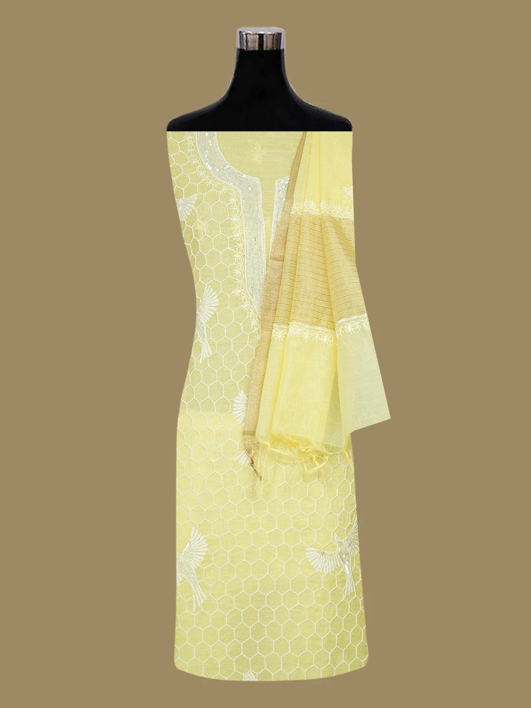 Ada Hand Embroidered Lemon Chanderi Lucknowi Chikankari Unstitched Kurta Dupatta Set With Pearl Work 01A669644