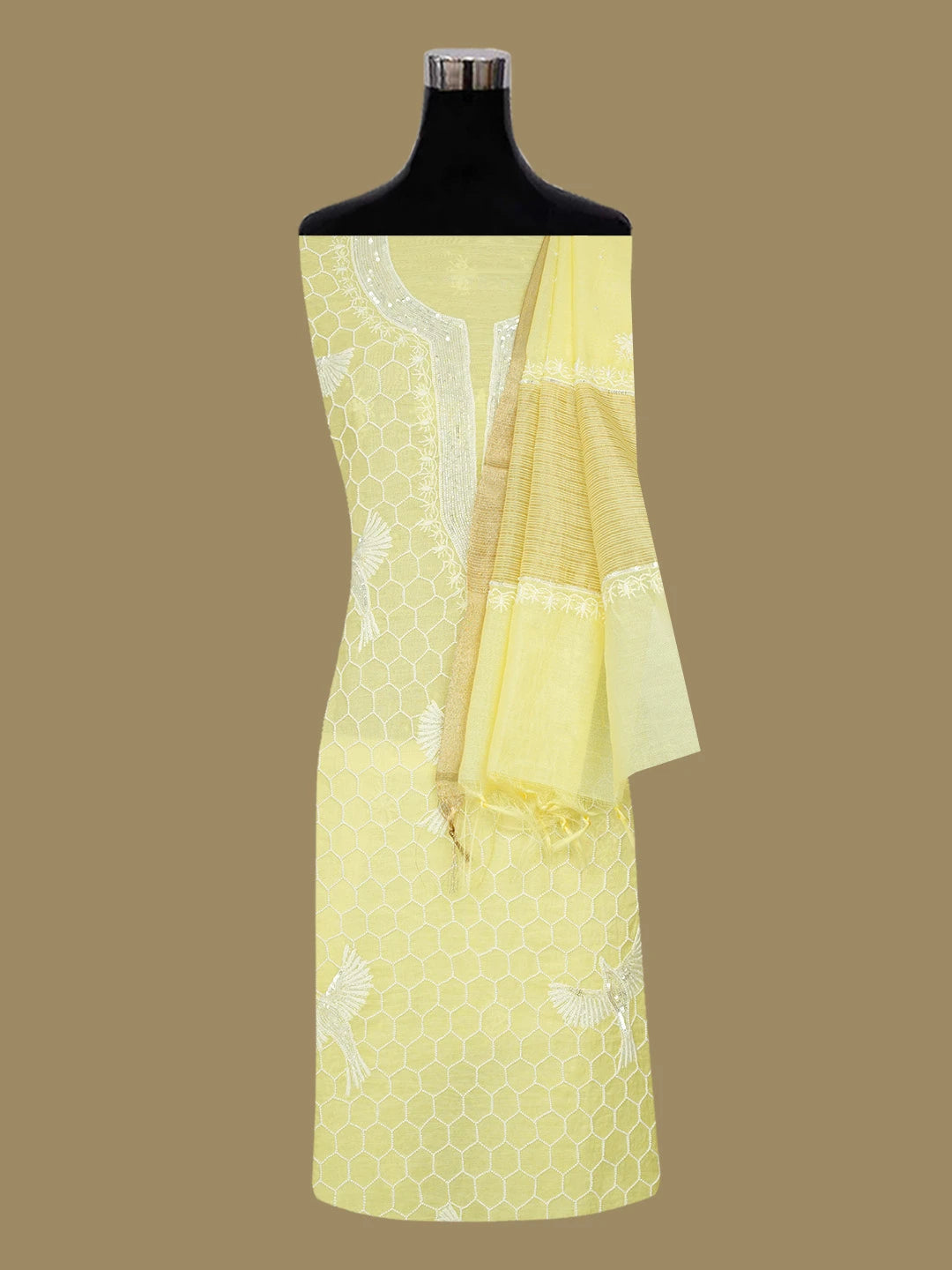 Ada Hand Embroidered Lemon Chanderi Lucknowi Chikankari Unstitched Kurta Dupatta Set With Pearl Work 01A669644
