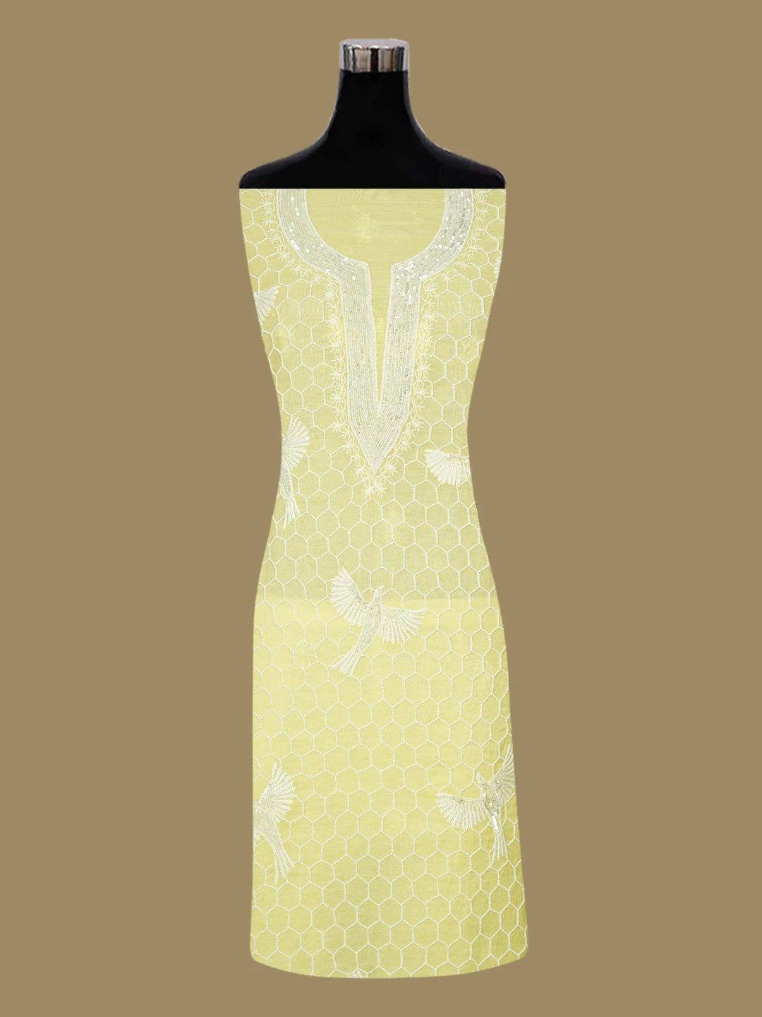 Ada Hand Embroidered Lemon Chanderi Lucknowi Chikankari Unstitched Kurta Dupatta Set With Pearl Work 01A669644