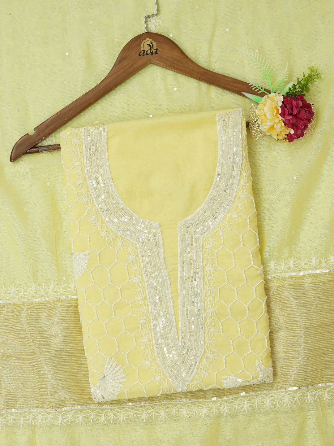 Ada Hand Embroidered Lemon Chanderi Lucknowi Chikankari Unstitched Kurta Dupatta Set With Pearl Work 01A669644