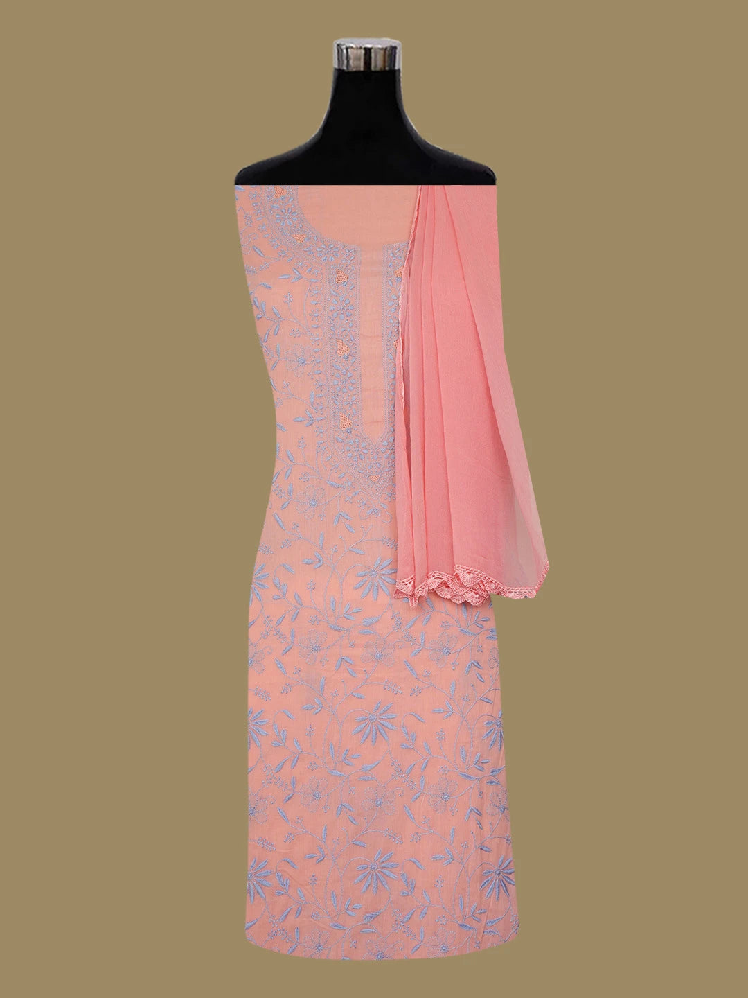 Ada Hand Embroidered Georgia Peach Cotton Lucknowi Chikankari Unstitched Suit Piece 01A642077