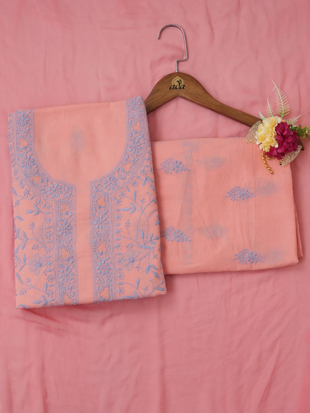 Ada Hand Embroidered Georgia Peach Cotton Lucknowi Chikankari Unstitched Suit Piece 01A642077
